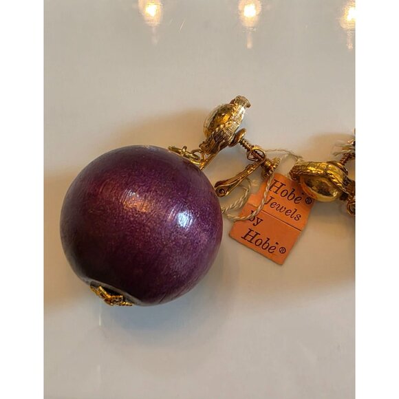 Vintage Hobe Purple‎ Wood & Gold Clip-On Earrings - Picture 2 of 4